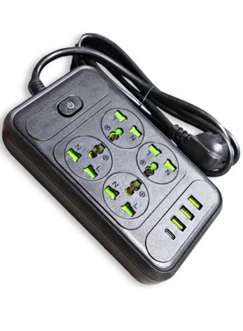 شريط طاقة ذكي T303 - متعدد المنافذ مع حماية من زيادة التيار - 4 منافذ طاقة 2500 واط، 3 منافذ USB، ومنفذ Type-C للشحن السريع - تصميم آمن وعصري باللون الأسود - مثالي للمكتب والمنزل والإلكترونيات - Image 2