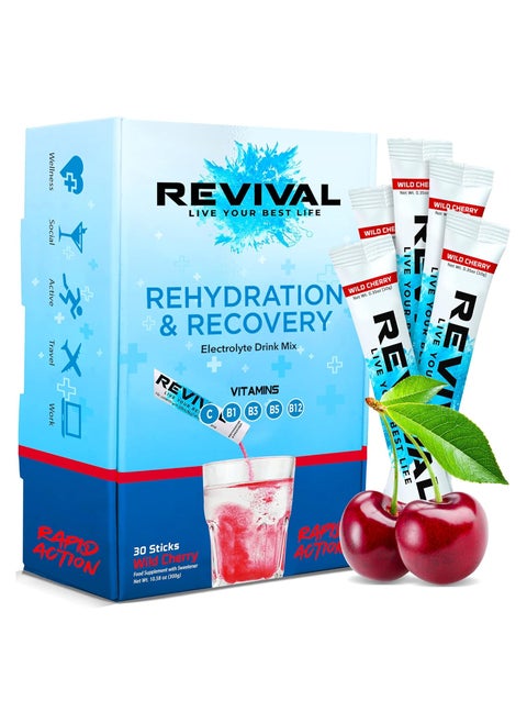 Revival Rehydration and recovery elctrolyte drink mix with vitamins Vitamin C, B1, B3, B5, B12  wild cherry