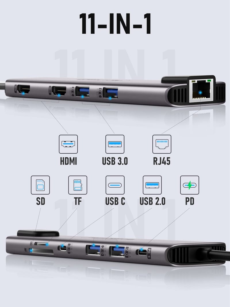 Lemorele 11-in-1 USB C Docking Station Dual 4K HDMI, Gigabit Ethernet, 4 USB Ports, PD 100W Charging, USB-C 3.0 Data, SD/TF Card Reader for MacBook Dell HP Surface Lenovo Windows Laptops - Image 2