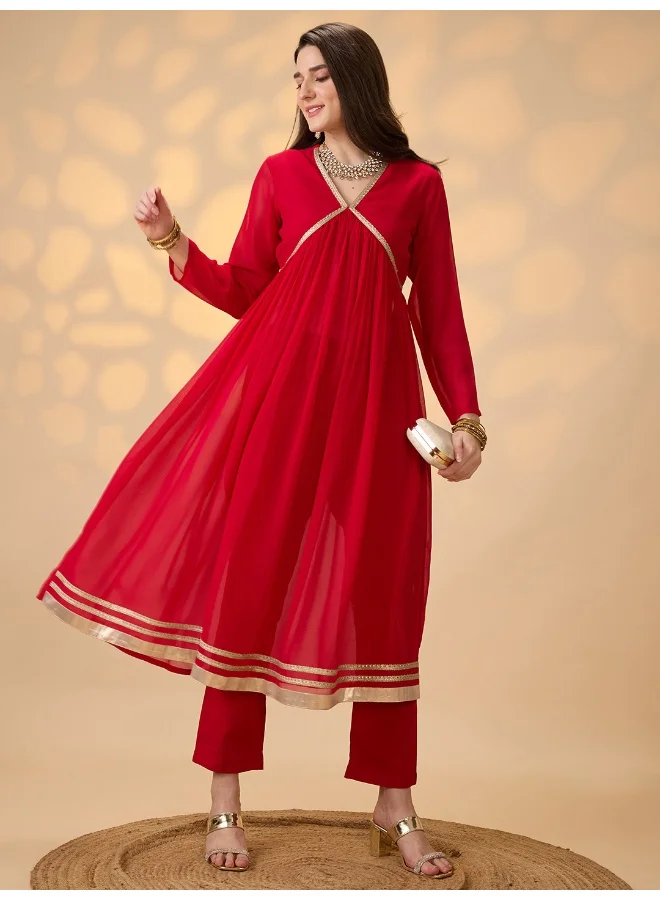جلو باص Women Red V-Neck Gathered Gotta Patti Detail Flared A-Line Alia Cut Kurta With Pants Festive Set
