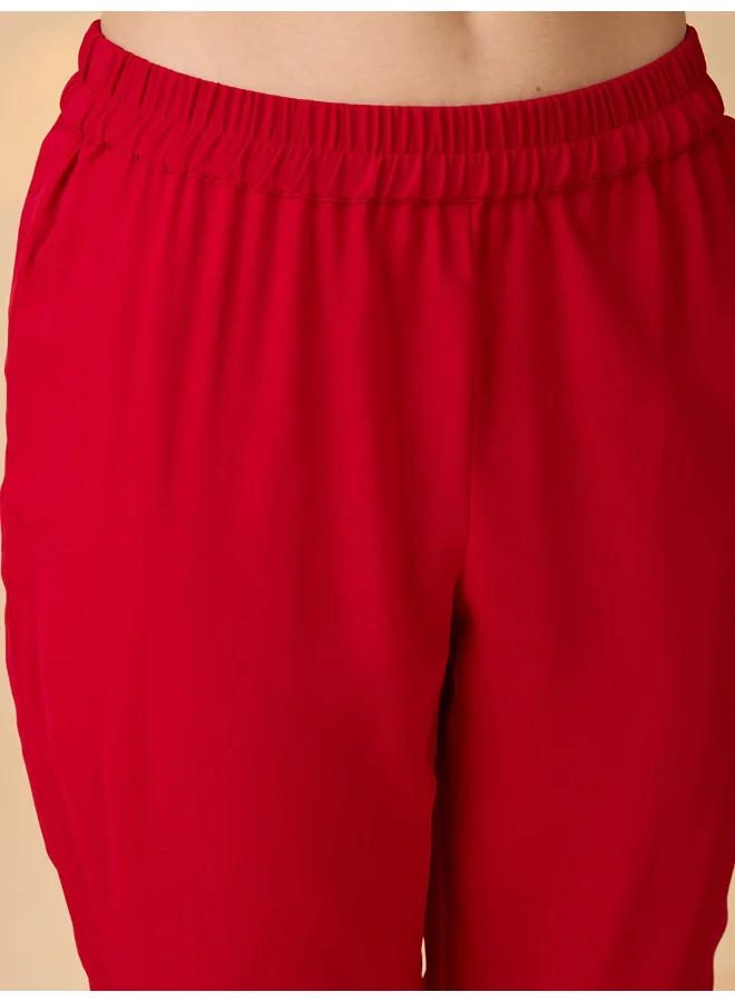 globus Women Red V-Neck Gathered Gotta Patti Detail Flared A-Line Alia Cut Kurta With Pants Festive Set