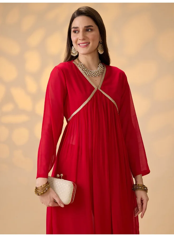 globus Women Red V-Neck Gathered Gotta Patti Detail Flared A-Line Alia Cut Kurta With Pants Festive Set