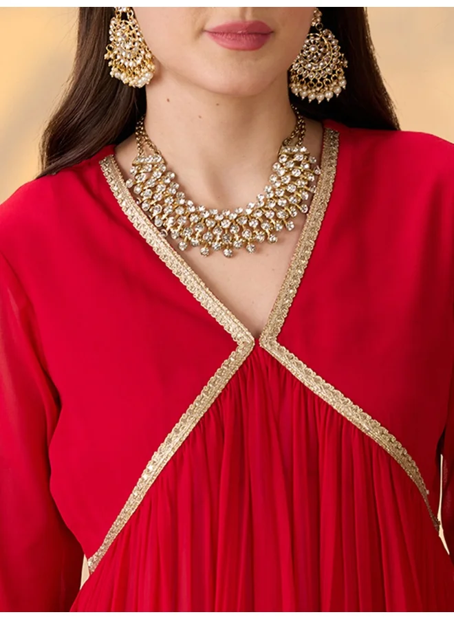 globus Women Red V-Neck Gathered Gotta Patti Detail Flared A-Line Alia Cut Kurta With Pants Festive Set