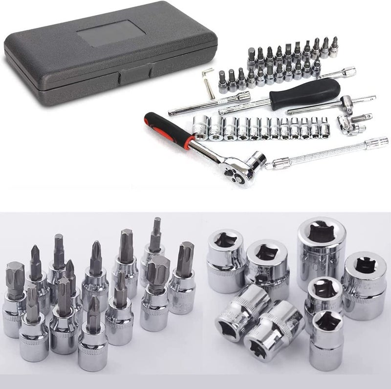 HELLARO 46in1 Tool Kit Screwdriver 14 Square Drive Metric Socket Set Extension Bar and Adapter for Bike Car Repairs 46 Pieces Chrome Vanadium Steel - Image 4