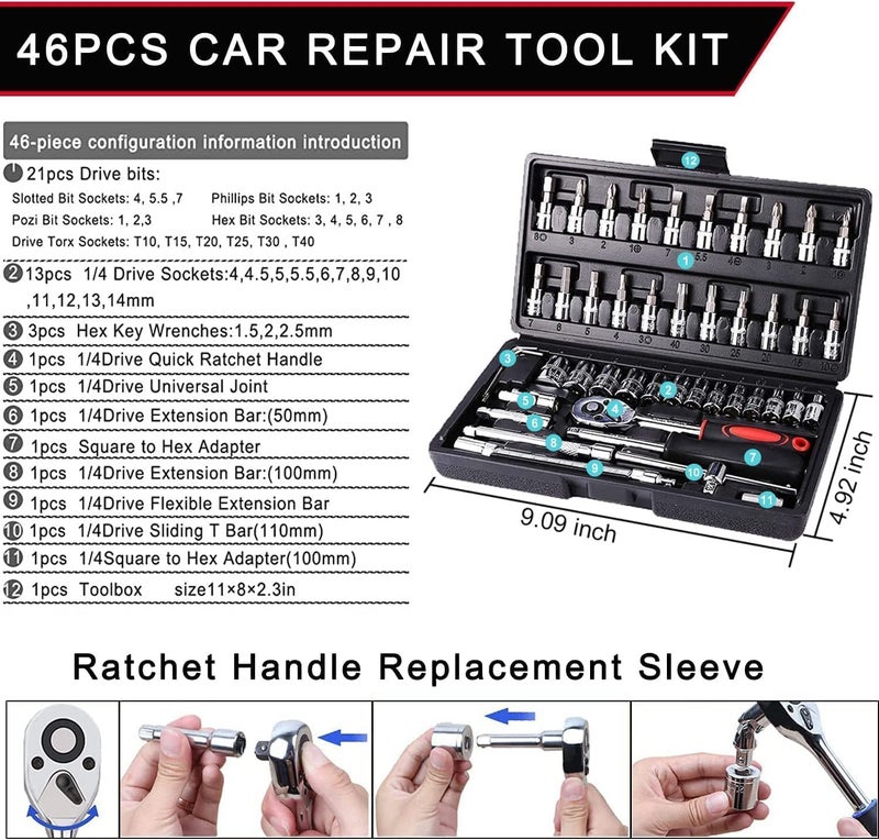 HELLARO 46in1 Tool Kit Screwdriver 14 Square Drive Metric Socket Set Extension Bar and Adapter for Bike Car Repairs 46 Pieces Chrome Vanadium Steel - Image 3
