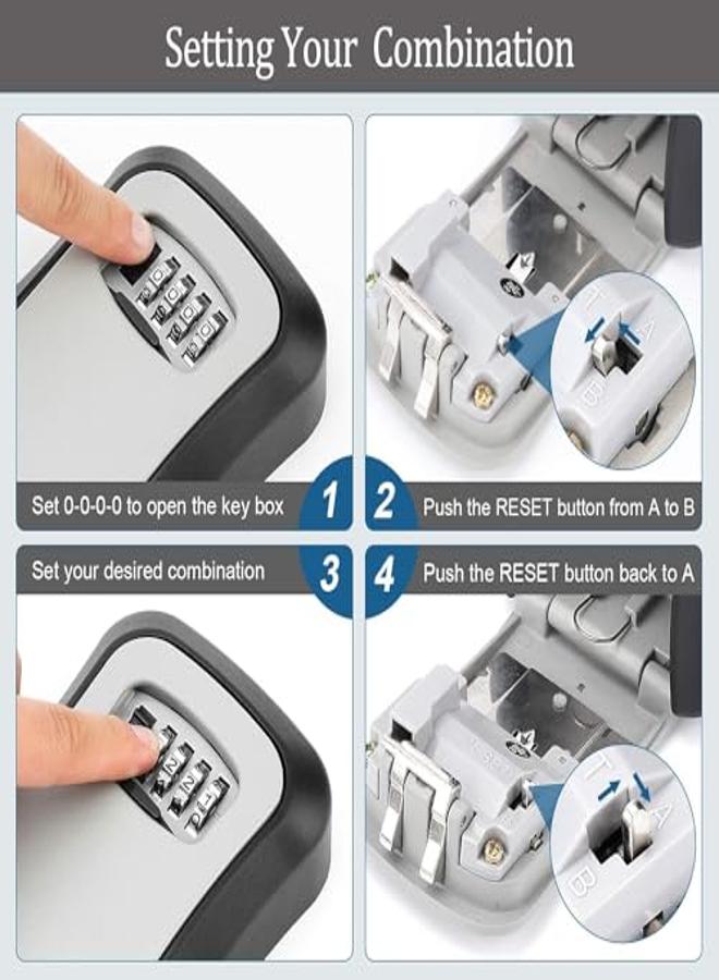 Key Safe Wall Mounted,4-Position Combination Key Lock Box,Heavy Duty Waterproof Key Cabinet,Outdoor Security Key Lock Box For Home Office Industries Vehicles(Black & Silver) Free Fixing Kit - Image 3