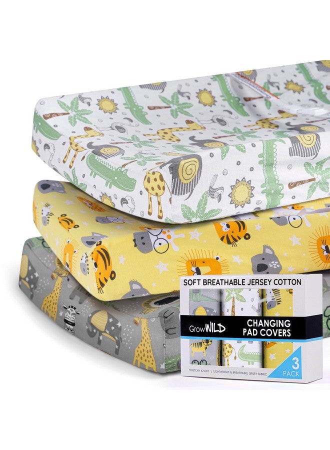 GrowWILD غطاء وسادة تغيير GROW WILD 3 عبوات | قطن جيرسي ناعم ومرن | غطاء وسادة طاولة تغيير الأطفال | أغطية وسادة تغيير الحفاضات للبنات والأولاد (حيوانات وسفاري) - Image 1