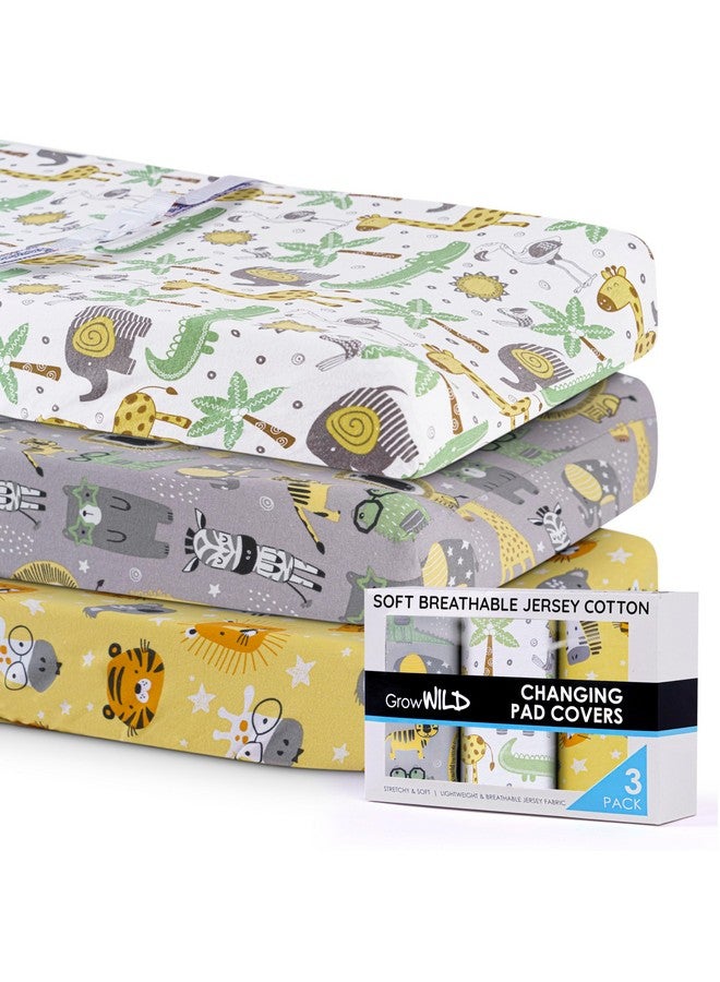 GrowWILD غطاء وسادة تغيير GROW WILD 3 عبوات | قطن جيرسي ناعم ومرن | غطاء وسادة طاولة تغيير الأطفال | أغطية وسادة تغيير الحفاضات للبنات والأولاد (حيوانات وسفاري) - Image 4