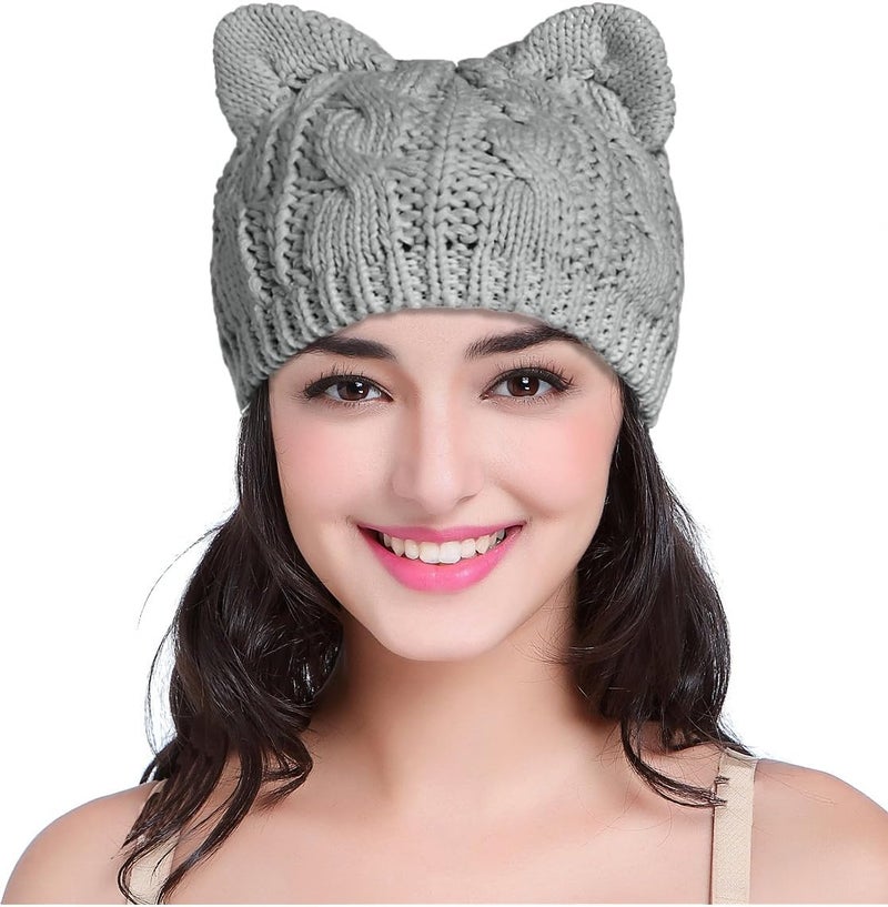 v28 Women Men Girls Boys Teens Cute Cat Ear Knit Cable Rib Hat Cap Beanie - Image 1