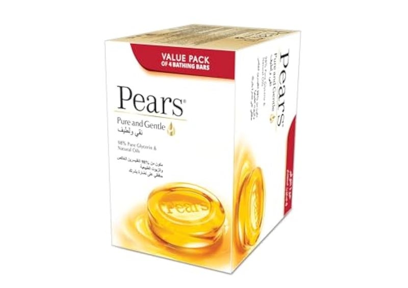 Pears Pure & Gentle Bar Soap with 100% Natural Ingredients & Glycerin for Soft & Glowing Skin, Paraben-Free Moisturising Soap With Mild Fragrance, Dermatologically Tested & Eco-Friendly (Pack of 4) - Image 1