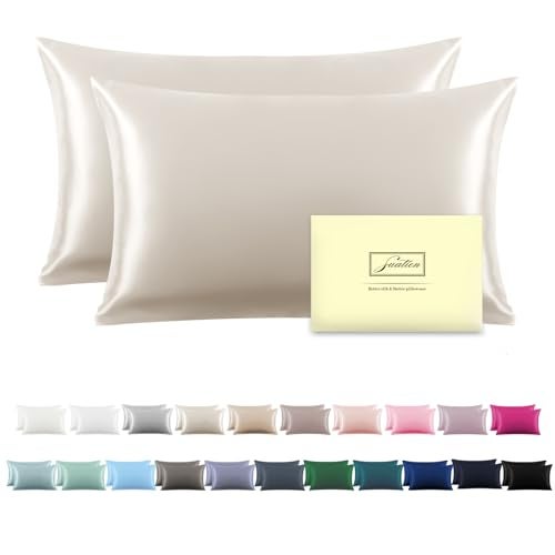 Suatien Silk Pillow Cases 2 Pack Soft Breathable and Sliky Queen Size Pillow Cases Set of 2,Natural Mulberry Satin Silk Pillowcase with Hidden Zipper for Hair and Skin (Beige,20"X 30",2pcs) - Image 1
