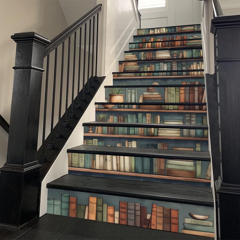 REDAMANCY Vintage Bookshelf Colorful Books Creative Book Cabinet Peel and Stick Vinyl Stair Riser Decals Staircase Tile Stickers Decor Modern Marble Decoration Self-Adhesive(14 Pcs) - Image 2
