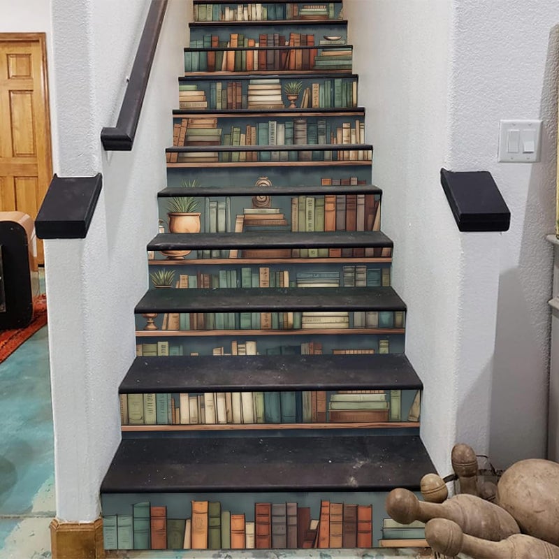 REDAMANCY Vintage Bookshelf Colorful Books Creative Book Cabinet Peel and Stick Vinyl Stair Riser Decals Staircase Tile Stickers Decor Modern Marble Decoration Self-Adhesive(14 Pcs) - Image 3