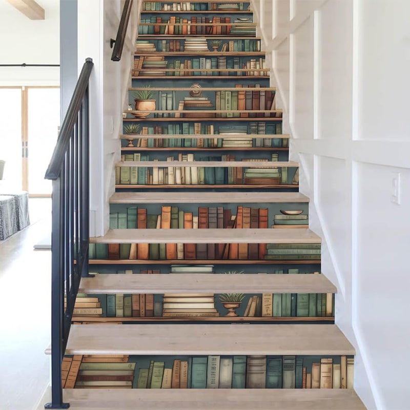 REDAMANCY Vintage Bookshelf Colorful Books Creative Book Cabinet Peel and Stick Vinyl Stair Riser Decals Staircase Tile Stickers Decor Modern Marble Decoration Self-Adhesive(14 Pcs) - Image 5