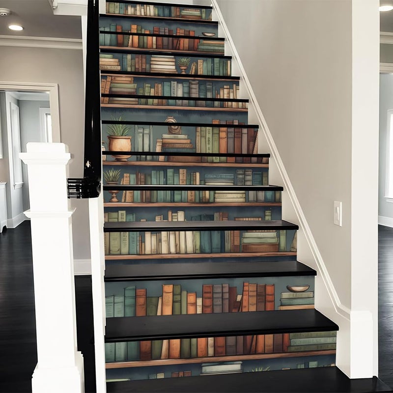 REDAMANCY Vintage Bookshelf Colorful Books Creative Book Cabinet Peel and Stick Vinyl Stair Riser Decals Staircase Tile Stickers Decor Modern Marble Decoration Self-Adhesive(14 Pcs) - Image 1