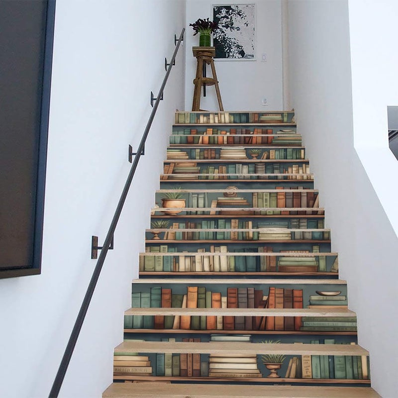 REDAMANCY Vintage Bookshelf Colorful Books Creative Book Cabinet Peel and Stick Vinyl Stair Riser Decals Staircase Tile Stickers Decor Modern Marble Decoration Self-Adhesive(14 Pcs) - Image 4