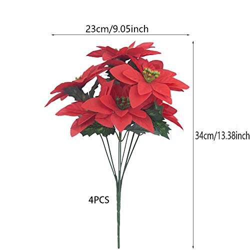 FERIAL 4 Pcs Christmas Artificial Flowers Poinsettia Flowers Red 7 Heads Silk Poinsettia Christmas Floral Bouquet Winter Artificial Poinsettia Bushes for Xmas Party Holiday Arrangements Decoration - Image 3