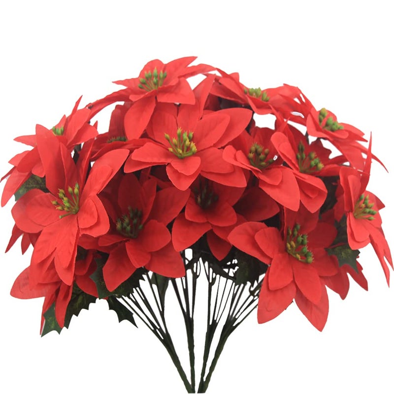FERIAL 4 Pcs Christmas Artificial Flowers Poinsettia Flowers Red 7 Heads Silk Poinsettia Christmas Floral Bouquet Winter Artificial Poinsettia Bushes for Xmas Party Holiday Arrangements Decoration - Image 2