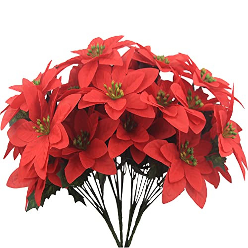 FERIAL 4 Pcs Christmas Artificial Flowers Poinsettia Flowers Red 7 Heads Silk Poinsettia Christmas Floral Bouquet Winter Artificial Poinsettia Bushes for Xmas Party Holiday Arrangements Decoration - Image 1