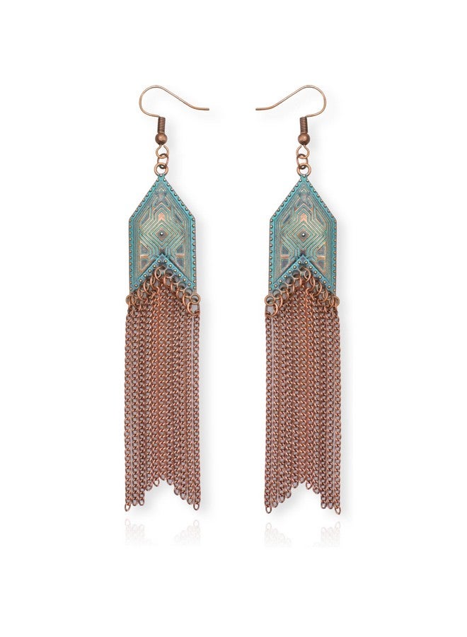 Soul Statement Western Jewelry For Women: Nashville Boho Earrings Teal Copper & Long Bronze Tassel Chains Country Concert And Festival Accessories - Image 1