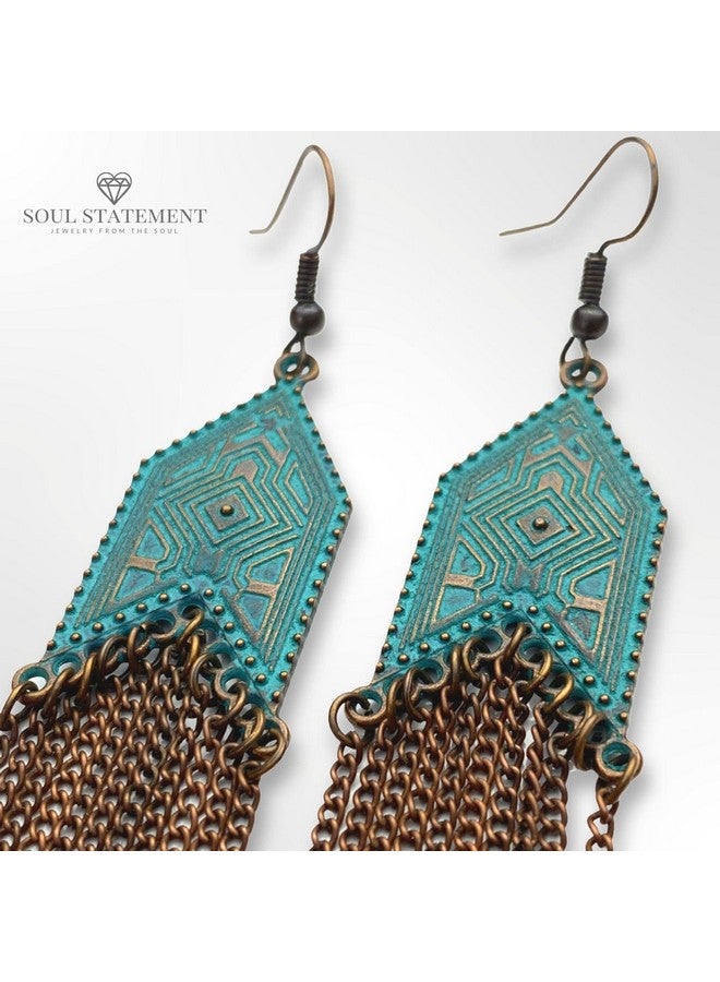 Soul Statement Western Jewelry For Women: Nashville Boho Earrings Teal Copper & Long Bronze Tassel Chains Country Concert And Festival Accessories - Image 3