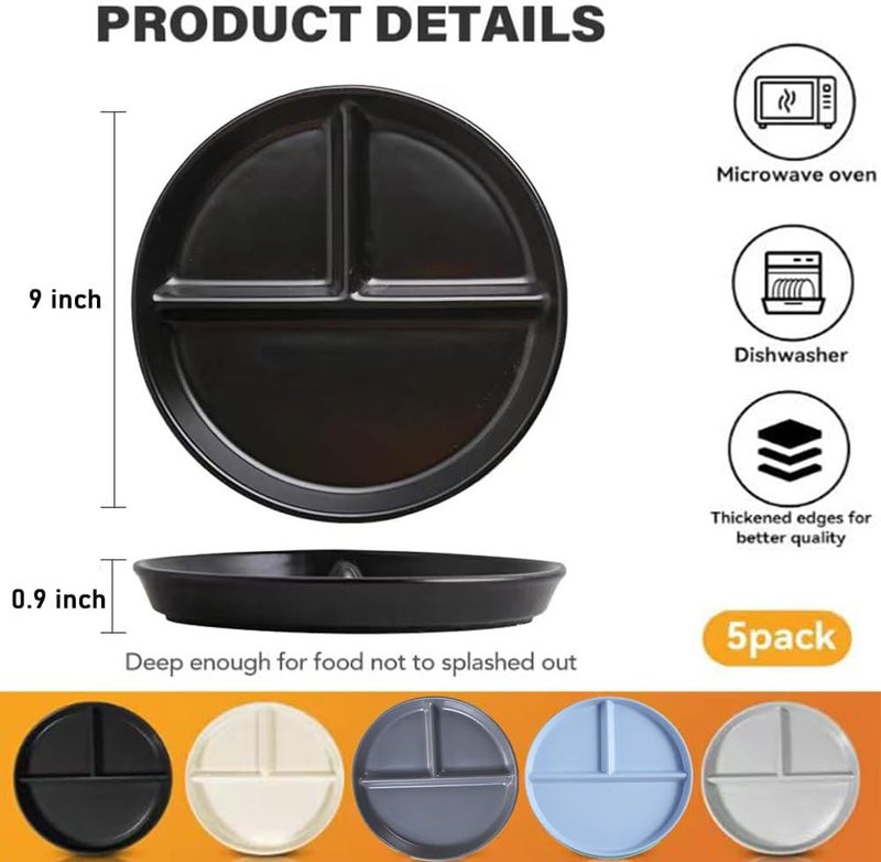 LRUUIDDE Portion Control Plate for Balanced Eating 5 Pack 9 Unbreakable Divided Plates3 Compartment Plates Reusable Plastic PlatesWeight Loss BPA Free - Image 4
