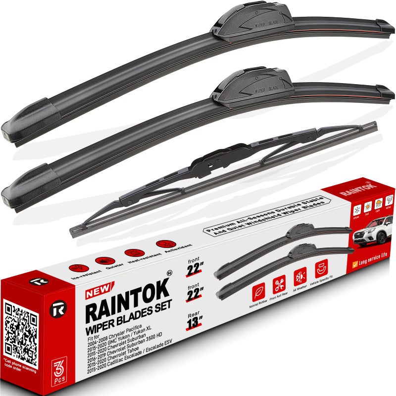 شفاطات الزجاج الأمامي RAINTOK بديل لسيارات كرايسلر بافيلكا 2004-2008 و GMC يوكون 2015-2020 وشيفروليه سوبربان وتاهو وكاديلاك إسكاليد مجموعة شفاطات أمامية وخلفية 22 22 13