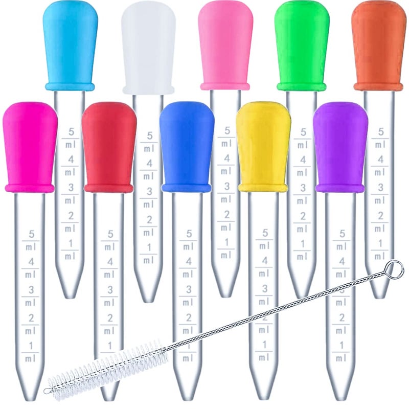 HiMo 10 Pack Liquid Pipettes Droppers Silicone 5ml Clear Medicine Eye Dropper for Kids with Bulb Tip & Clean Brush for Candy Mold, Gummy Bear, Gelatin Maker, Oil Science, Crafts Projects (10 Colors) - Image 1