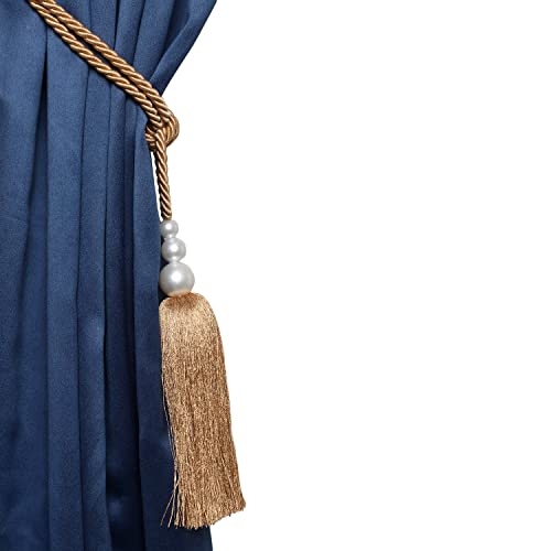 MALOINTEX 2 Pack Curtain Hand-Woven Tiebacks Pearl Holdbacks Home Decorative Tassels - Gold - Image 5