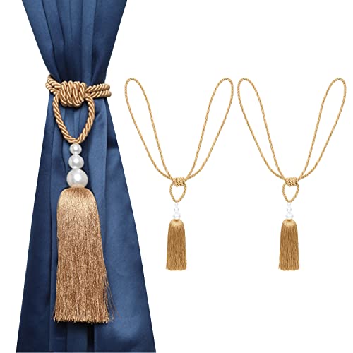 MALOINTEX 2 Pack Curtain Hand-Woven Tiebacks Pearl Holdbacks Home Decorative Tassels - Gold - Image 1