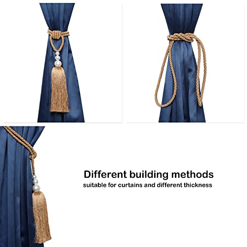 MALOINTEX 2 Pack Curtain Hand-Woven Tiebacks Pearl Holdbacks Home Decorative Tassels - Gold - Image 2