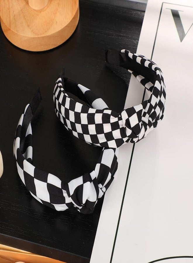 BaBakiak Black and White Checkered Headbands 2PCS, Knotted Headbands for Women Non Slip Top Knot Hair Band Cross Knot Headband - Image 3