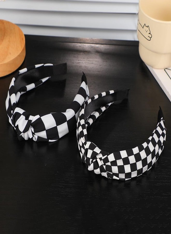 BaBakiak Black and White Checkered Headbands 2PCS, Knotted Headbands for Women Non Slip Top Knot Hair Band Cross Knot Headband - Image 4