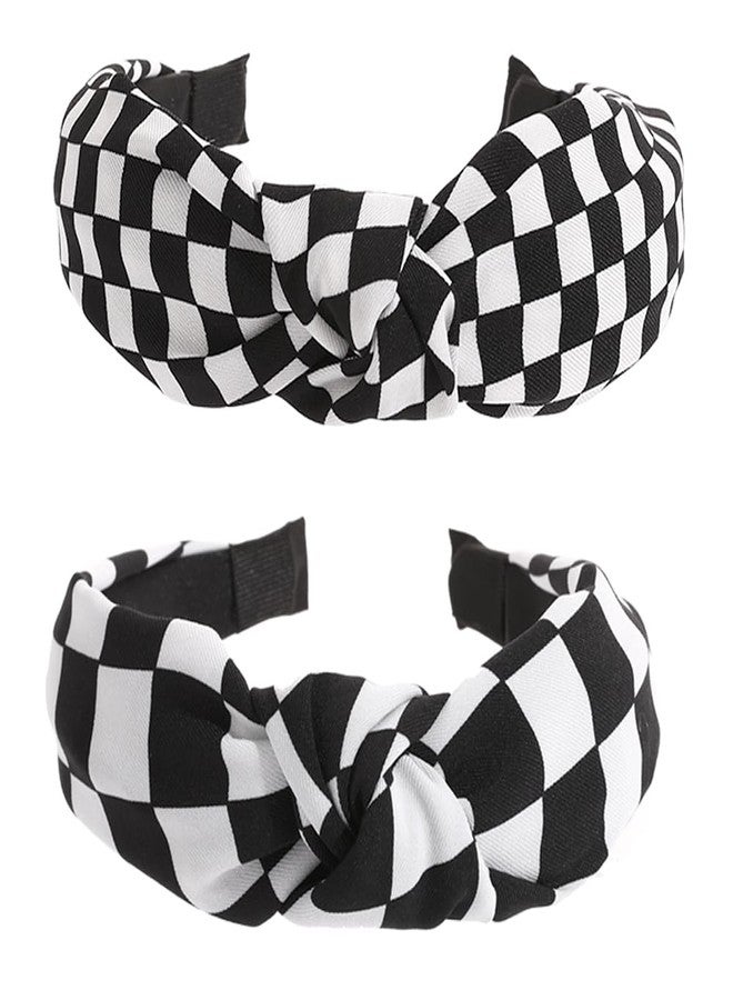 BaBakiak Black and White Checkered Headbands 2PCS, Knotted Headbands for Women Non Slip Top Knot Hair Band Cross Knot Headband - Image 1
