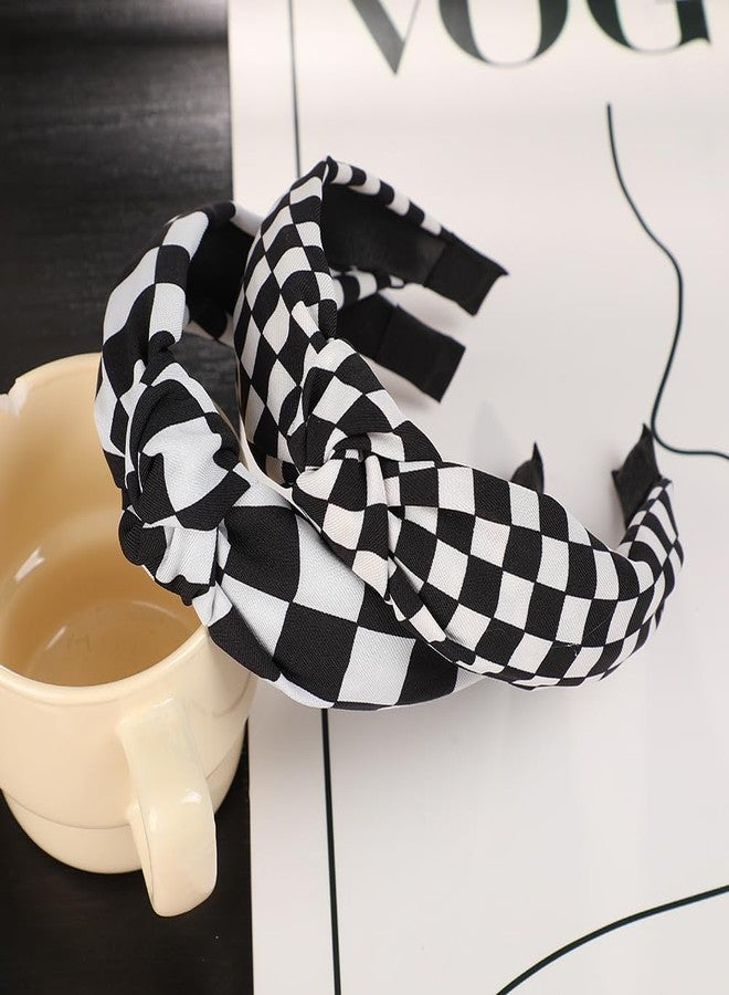 BaBakiak Black and White Checkered Headbands 2PCS, Knotted Headbands for Women Non Slip Top Knot Hair Band Cross Knot Headband - Image 2