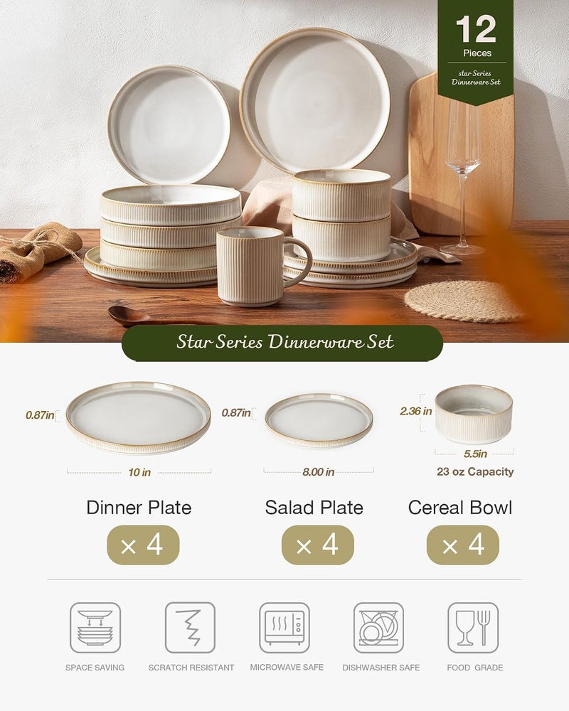 Famiware Star Dinnerware Set for 4 - 12 Piece Dish Set in Cappuccino White - Image 3