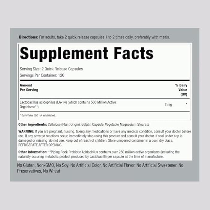 Piping Rock Probiotic Acidophilus Capsules | 250 Million CFU | 240 Pills | Dietary Supplement | Non-GMO, Gluten Free - Image 2