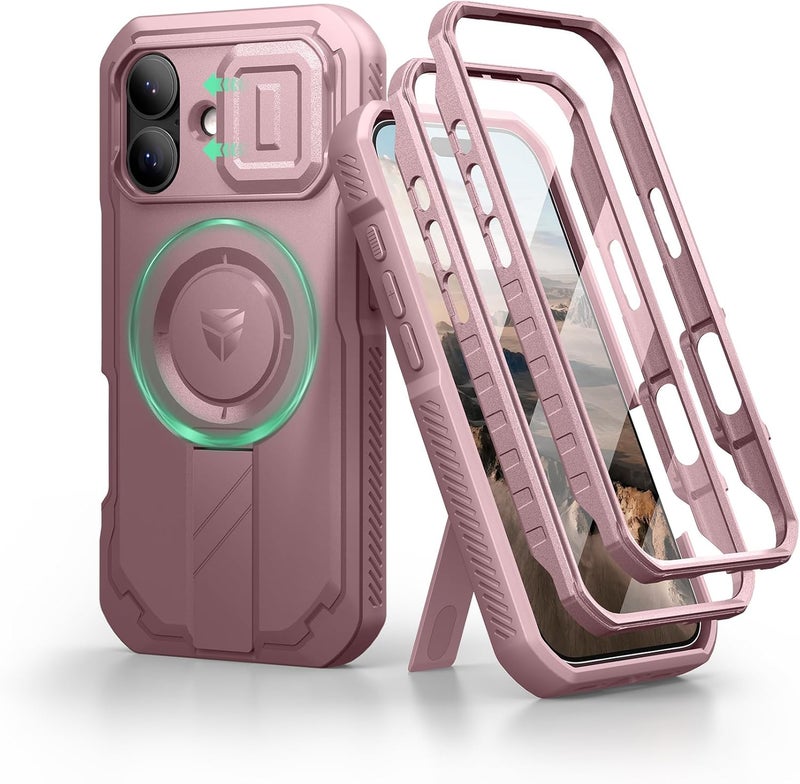 ديكسنور حافظة لـ iPhone 17 مع غطاء كاميرا منزلق وحامل قابل للتعديل وواقي شاشة مدمج، متوافقة مع MagSafe، حافظة متينة مغناطيسية، وردي الفاوانيا - Image 1