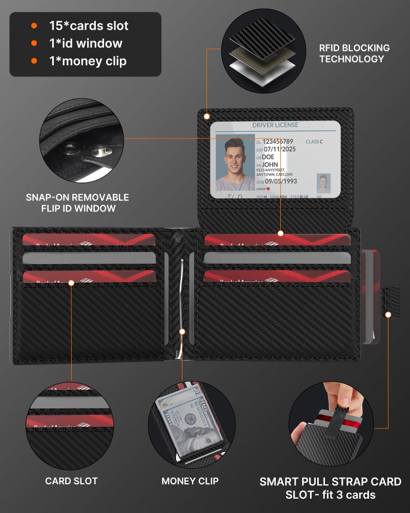 typecase Wallet for Men with Stealth Pocket for AirTag, 3 in 1 Design, Removable ID Window, RFID Blocking, 15 Card Capacity, Slim Carbon Fiber, Bill Divider, Wallet with Gift Box, Hidden Storage for AirTag - Image 2