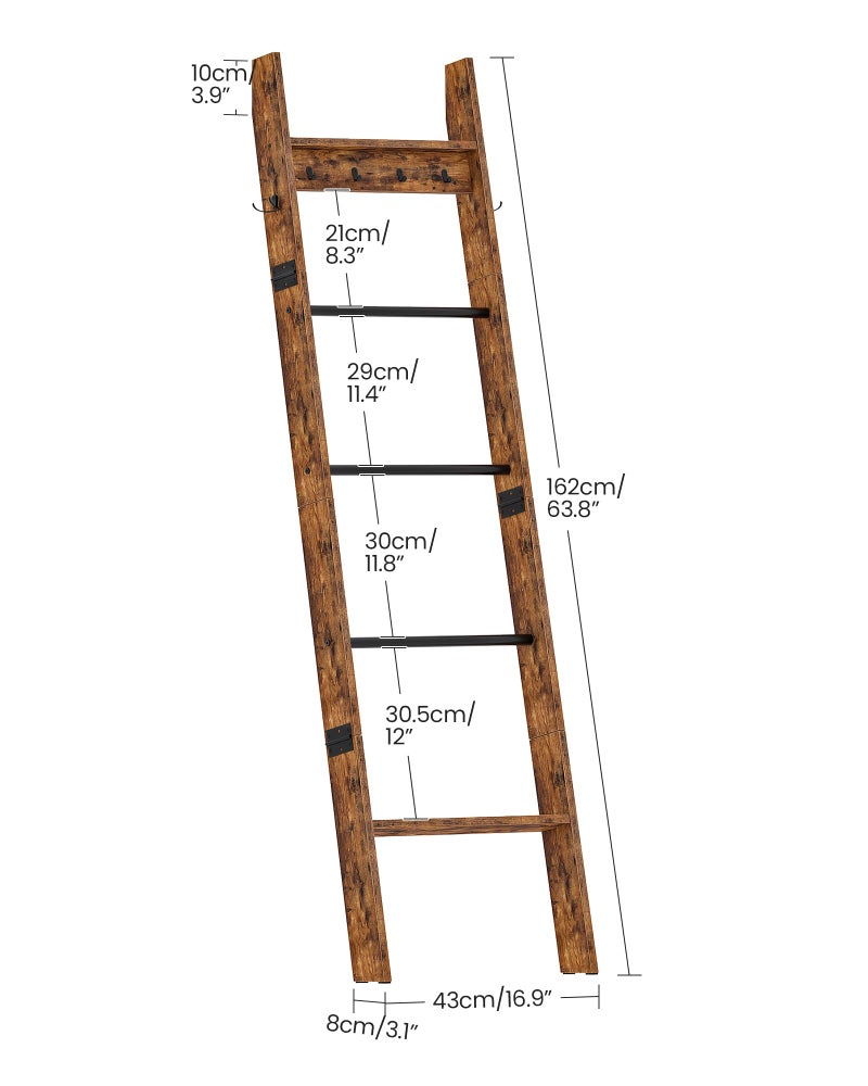 CHOEZON 5-Tier Blanket Ladder, Wooden Blanket Display Rack, Towel Ladder with Hooks, Wall Leaning Display Shelf, for Living Room, Bedroom, Balcony, Rustic Brown and Black MCJ02FG - Image 4