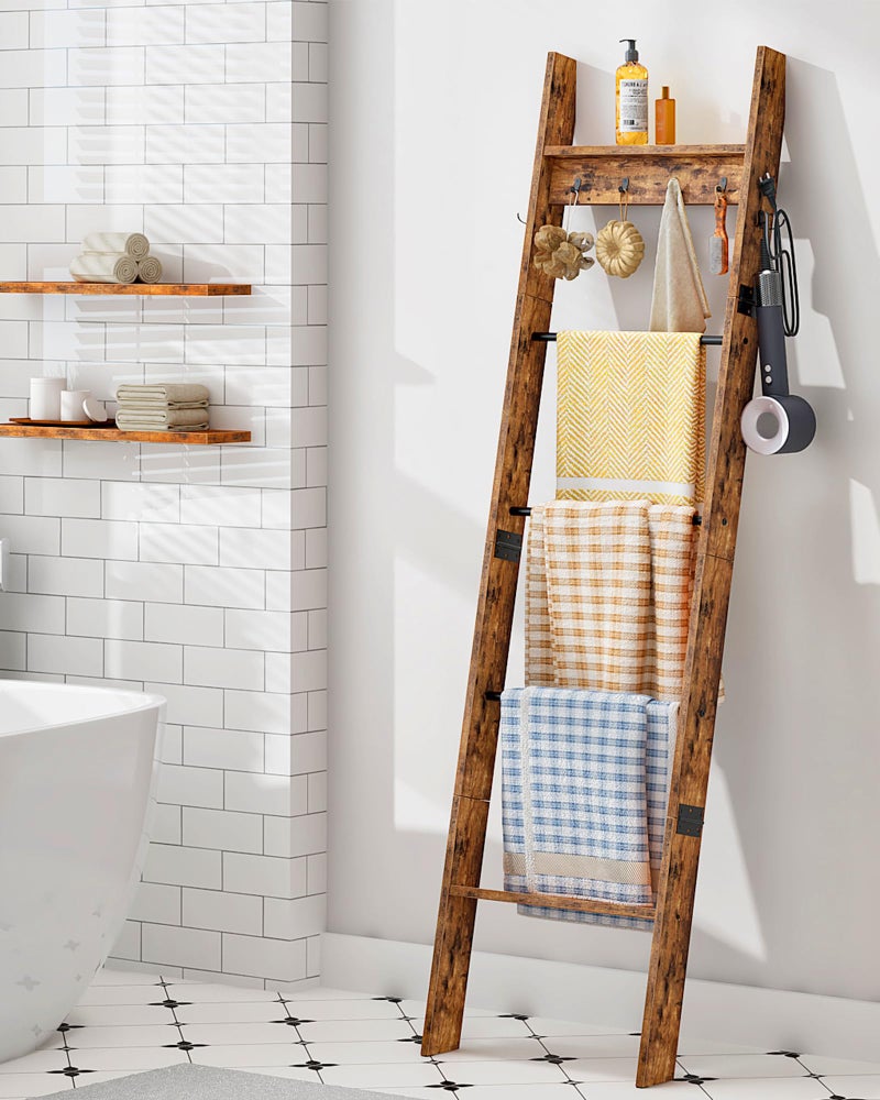 CHOEZON 5-Tier Blanket Ladder, Wooden Blanket Display Rack, Towel Ladder with Hooks, Wall Leaning Display Shelf, for Living Room, Bedroom, Balcony, Rustic Brown and Black MCJ02FG - Image 2
