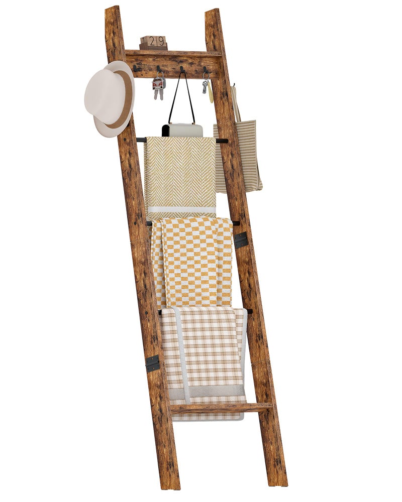 CHOEZON 5-Tier Blanket Ladder, Wooden Blanket Display Rack, Towel Ladder with Hooks, Wall Leaning Display Shelf, for Living Room, Bedroom, Balcony, Rustic Brown and Black MCJ02FG - Image 1