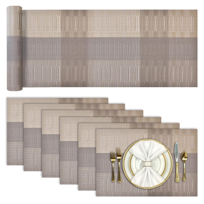 Aofmee Table Runner and Placemats Set of 6 Washable Heat Resistant Place Mats with Table Runner Woven Vinyl Table Placemats Stain Resistant Kitchen Table Mats Sets Easy to Clean Gold Set of 7
