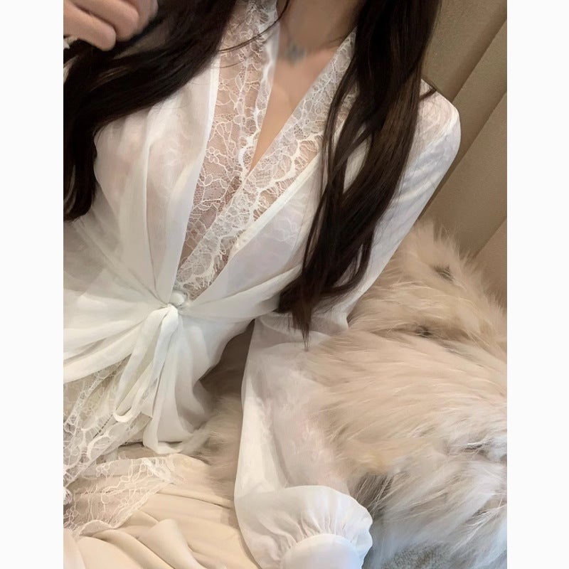Atmosphere Scarf Stand-cut Tilted Short Jacket Lace Chiffon Multi-cut Shirt Womens Spring 2025 New White