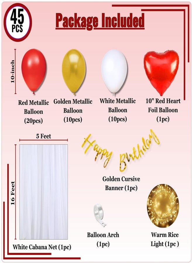 1iAM Happy Birthday Decoration Items for Girls | Pack of 45 - 1pc Banner, Net, Light, Arch & 41pcs Balloons | Romantic Red White Golden Cabana Birthday Decoration Kit for Wife | Party Supplies - Image 2