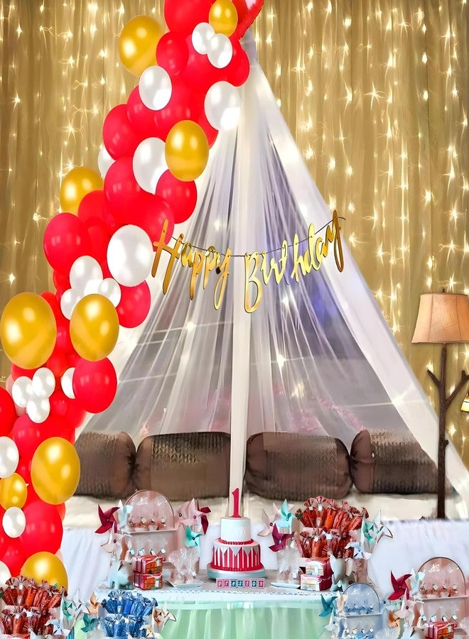1iAM Happy Birthday Decoration Items for Girls | Pack of 45 - 1pc Banner, Net, Light, Arch & 41pcs Balloons | Romantic Red White Golden Cabana Birthday Decoration Kit for Wife | Party Supplies - Image 1