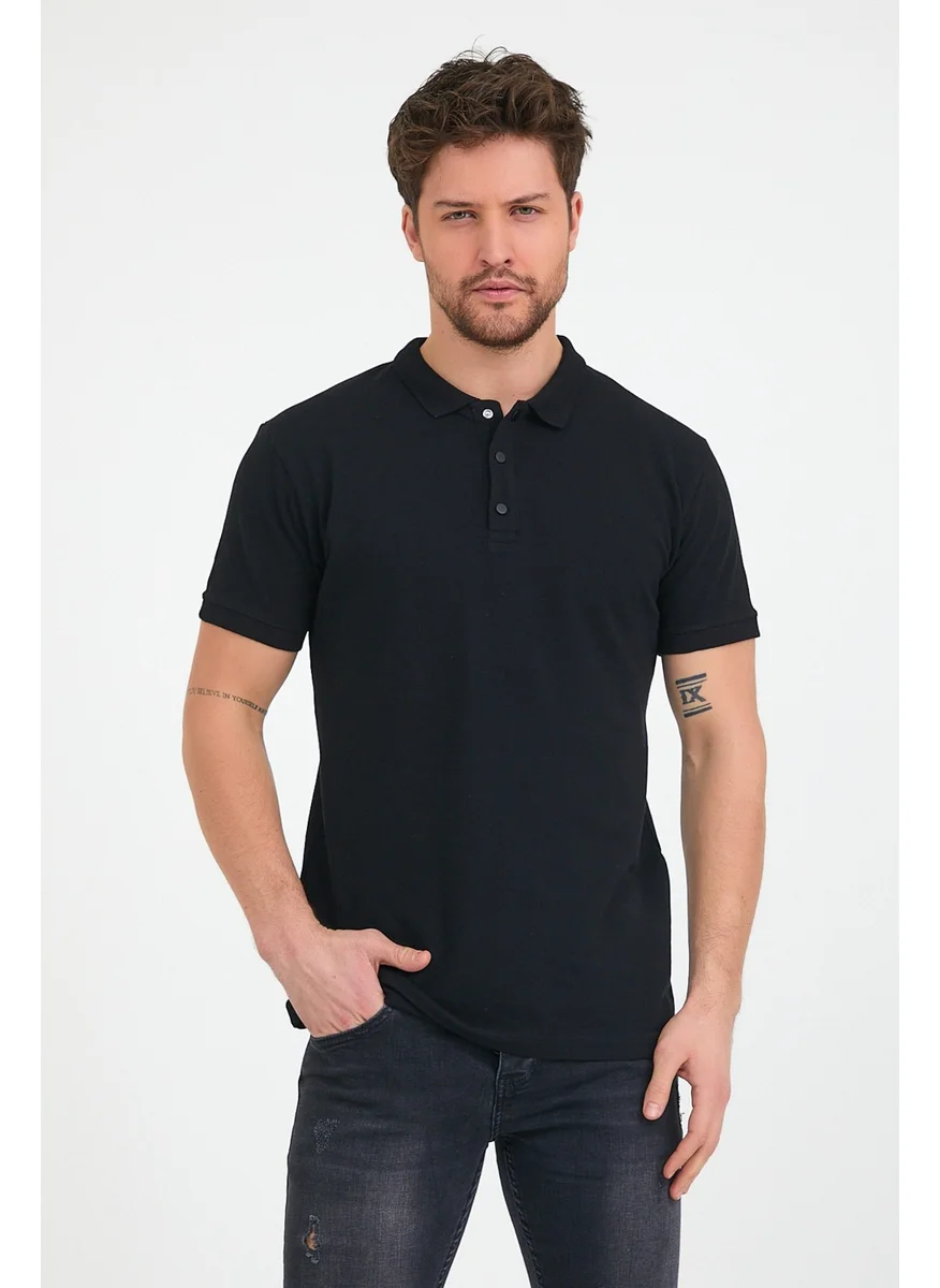 MRS Clothing Oscar Men's Black Snap Detail Polo Collar Standard Fit Plain Cotton T-Shirt