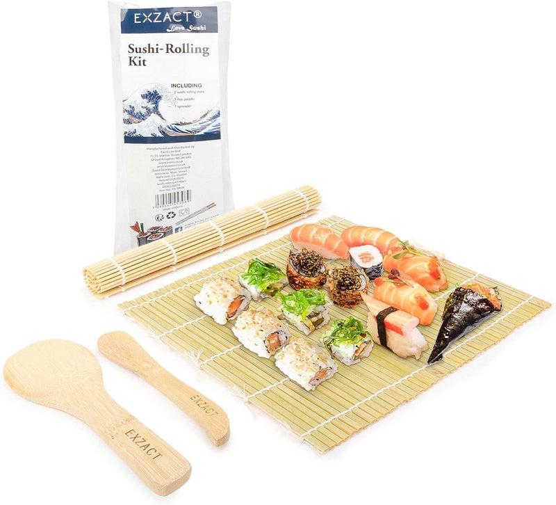 Exzact Sushi Rolling Kit 4pcs Sushi Maker - 2 x Sushi Rolling Mats, 1 x Rice Paddle, 1 x Rice Spreader - Suitable Beginner and Experienced - Image 1