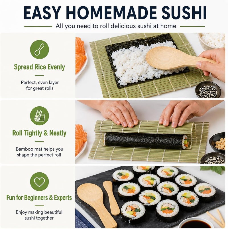 Exzact Sushi Rolling Kit 4pcs Sushi Maker - 2 x Sushi Rolling Mats, 1 x Rice Paddle, 1 x Rice Spreader - Suitable Beginner and Experienced - Image 3