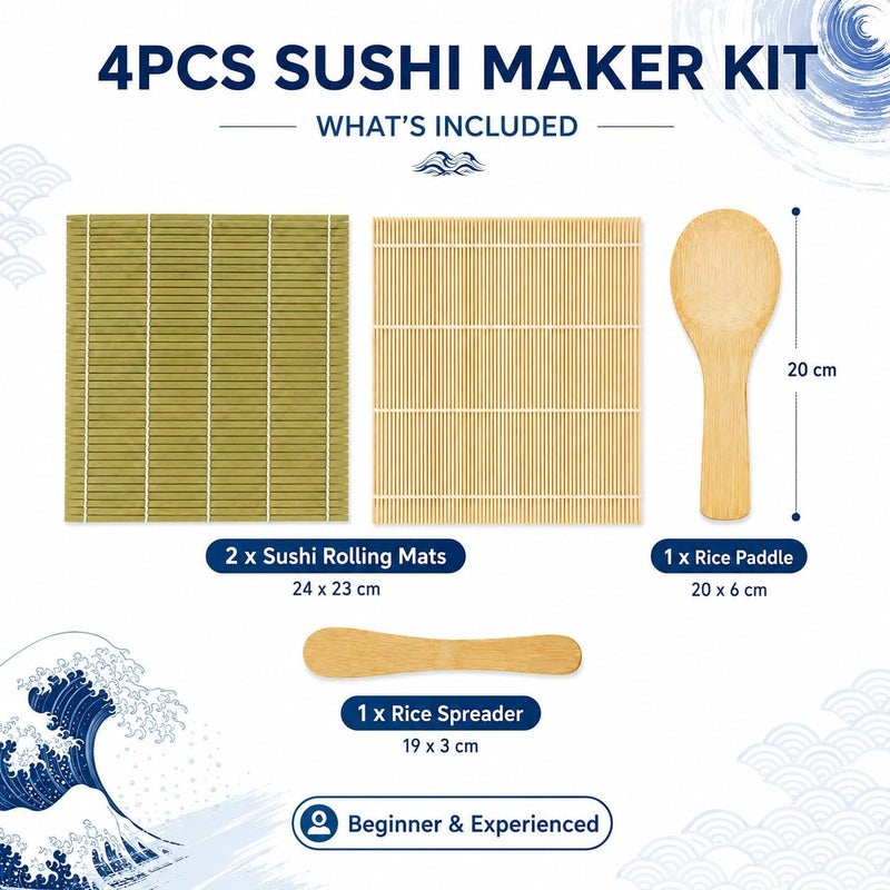 Exzact Sushi Rolling Kit 4pcs Sushi Maker - 2 x Sushi Rolling Mats, 1 x Rice Paddle, 1 x Rice Spreader - Suitable Beginner and Experienced - Image 2